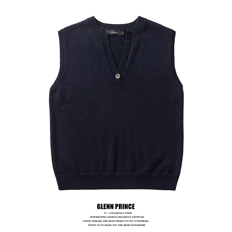 Gpstudio Korean Retro V-Neck Sleeveless Layered Knit Vest for Men, Solid Color Loose Outerwear Vest