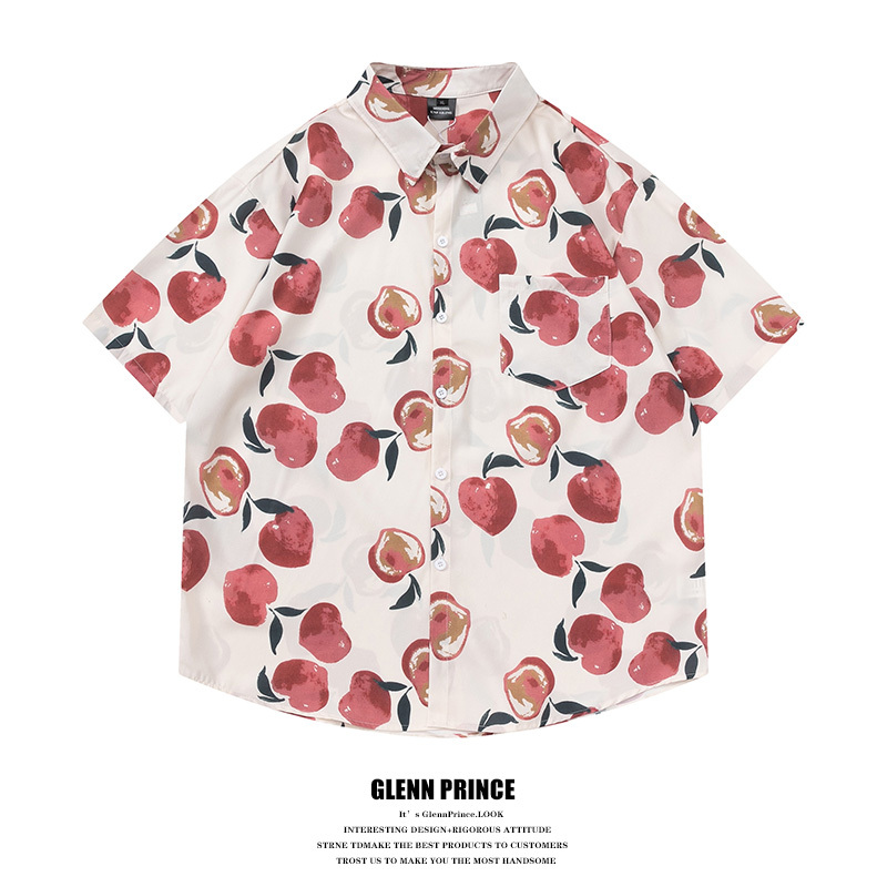 Gpstudio Japanese-Style Hawaiian Peach All-Over Print Short-Sleeve Shirt for Men, Summer Hong Kong Style Couple Half-Sleeve Floral Shirt