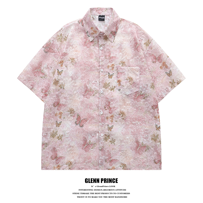 Gpstudio Tassel Butterfly Pink Short-Sleeved Shirt for Men, Summer Design, Niche Seaside Vacation Floral Shirt
