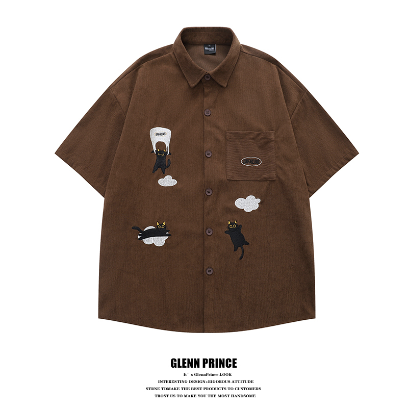 Gpstudio American Retro Cat Embroidered Corduroy Short-Sleeved Shirt for Men in Summer, Lazy Style Bf Loose Shirt Gpstudio American Retro Cat Embroidered Corduroy Short-Sleeved Shirt for Men in Summer, Lazy Style Bf Loose Shirt