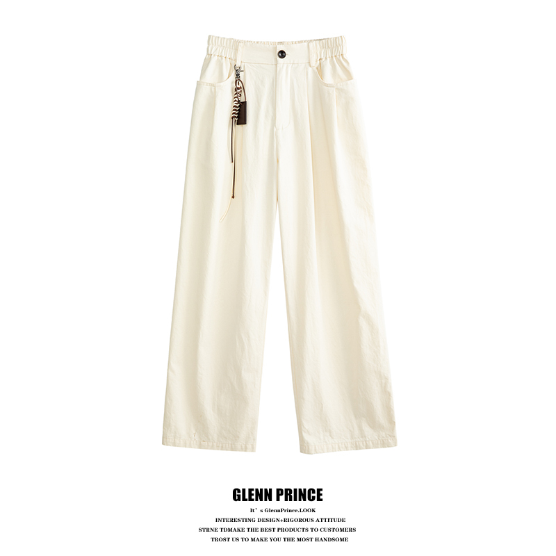 Gpstudio Minimalist Style White Casual Pants for Men with Accessories, Cleanfit Pure Cotton Loose Wide-Leg Versatile Long Pants Gpstudio Minimalist Style White Casual Pants for Men with Accessories, Cleanfit Pure Cotton Loose Wide-Leg Versatile Long Pants