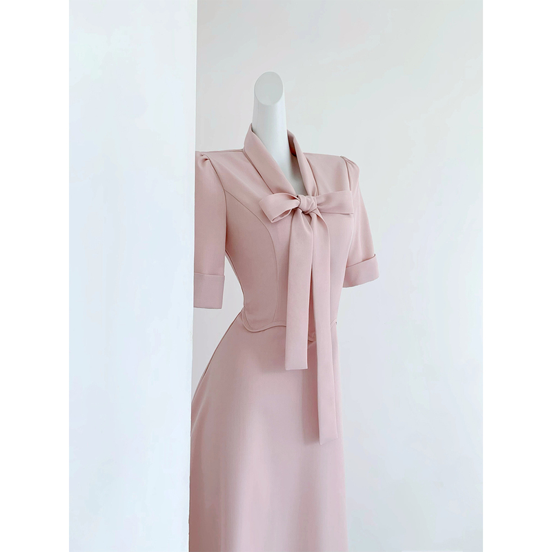 Clearance【Tao Man】Elegant French-Style Gentle Pink New Long Dress with Bow 2026 Sweet Dress with Waist-Cinching Design