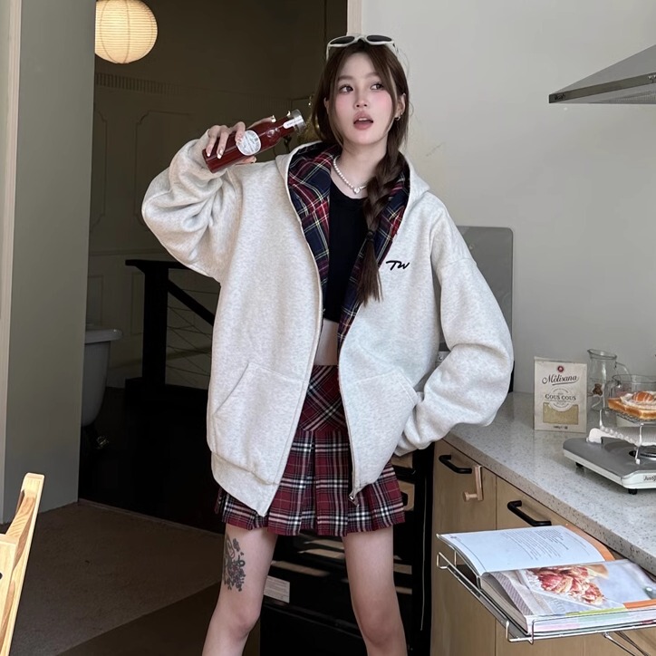Popwave American Retro 2024 Autumn and Winter Plaid Hooded Sweatshirt Loose Zipper Cardigan Couple Style Jacket