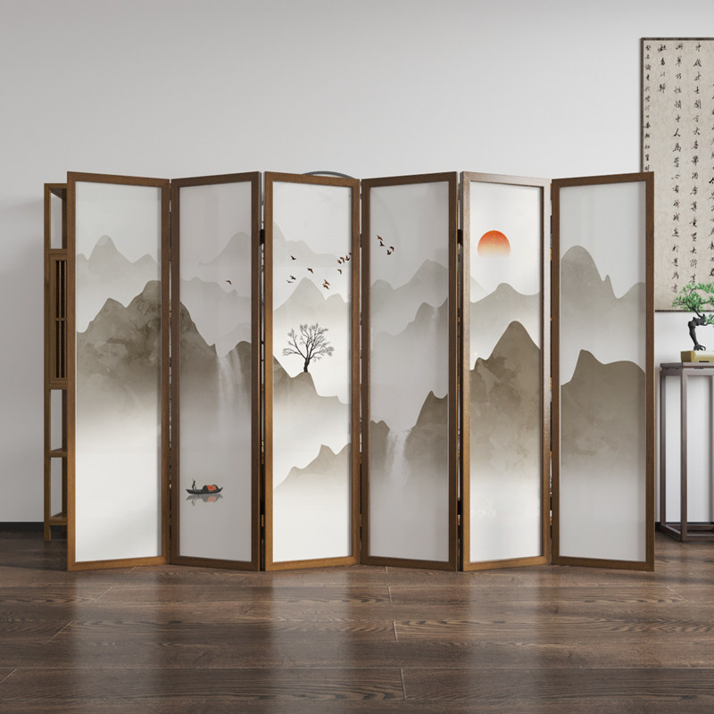 New Chinese screen mobile folding simple partition blocking living room hotel office background decoration landscape folding screen