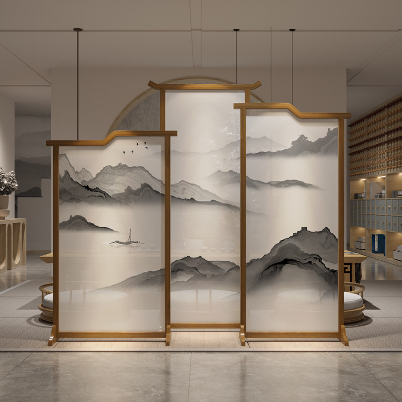 New Chinese-style screen partition living room modern minimalist mobile Zen tea room office porch blocking solid wood seat screen
