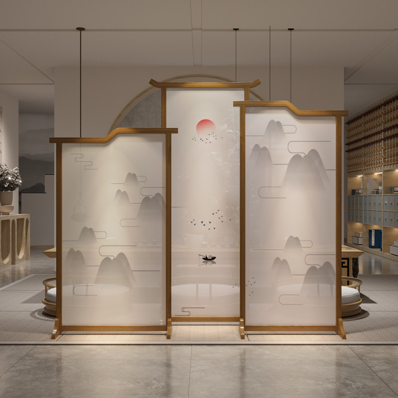 Tea Room Screen Partition Obstructed minimalist meditation New Chinese landscape Living room Dining Room Hotel Clubhouse Semi-Overdraft Solid Wood Holder