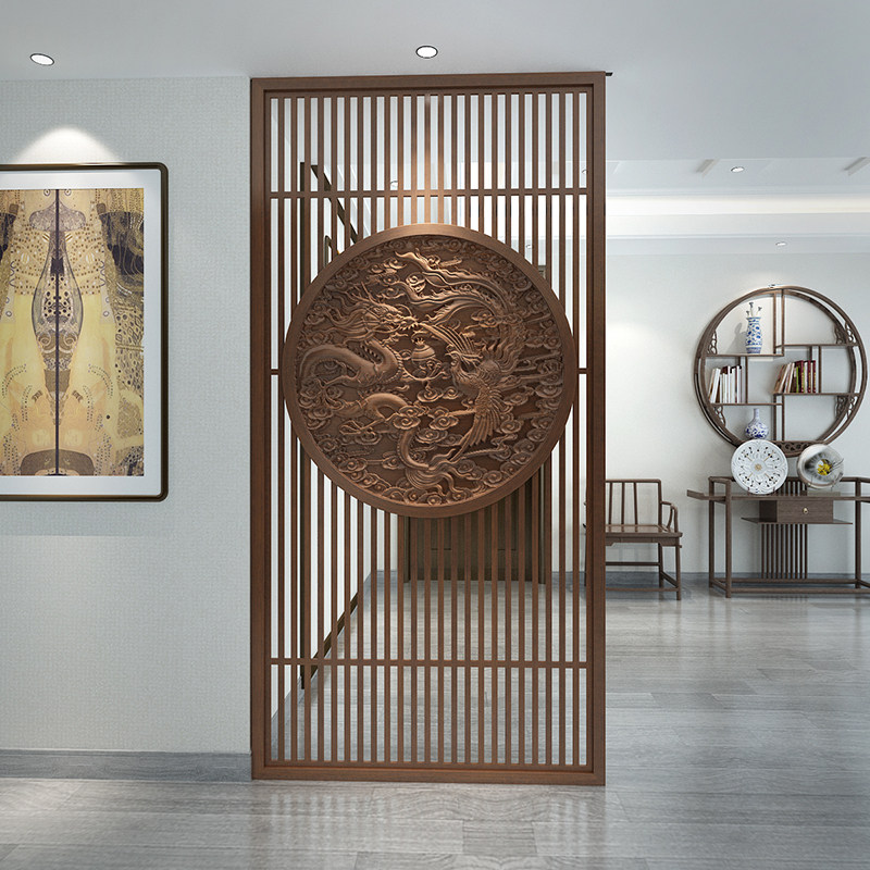 New Chinese solid wood carved flower screen partition wall Living room Xuanguan decoration shielded tea room fence hollowed-out custom seat screen