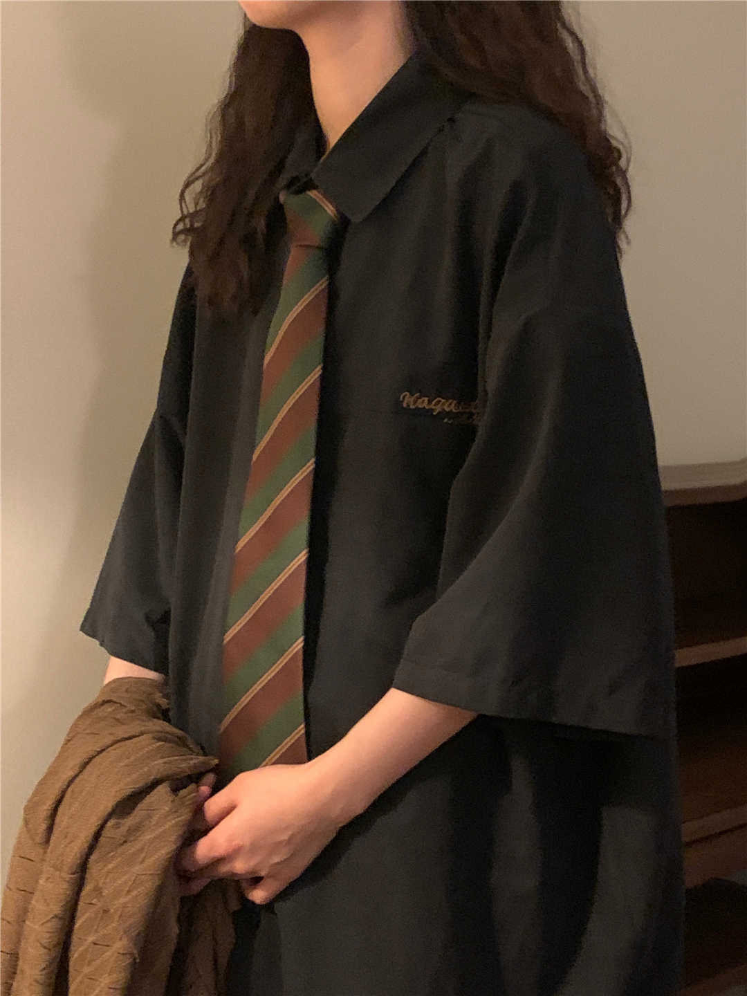 Green Striped Brown Hand-Tied Tie Shirt Accessory for Women, Retro Style Casual Versatile Jk School Style Tie for Women