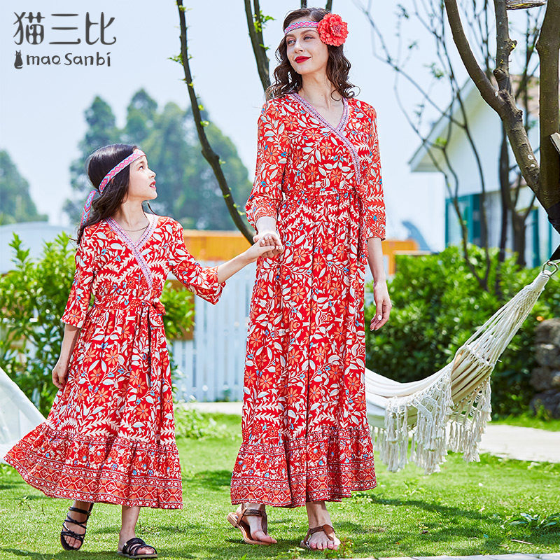 National Wind Holiday Seaside beach pro-dresses Dresses Summer Mother women dress girls Crushed Flowers Long Dresses Thin