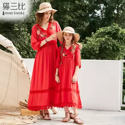 Parent-child dress summer beach dress Prairie desert seaside resort girl dress child skirt mother dress long dress red