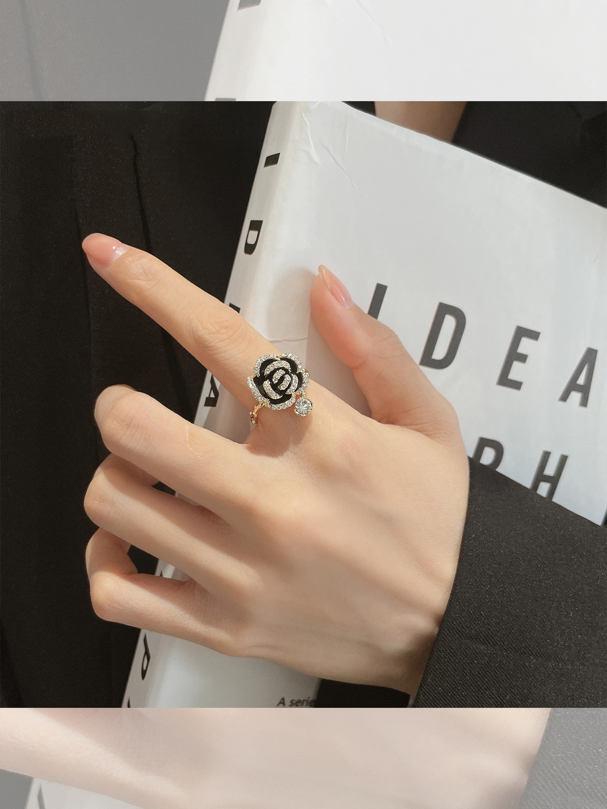 Black Hills Tea Flower Ring Female Niche Design Light Extravagant Advanced Sensuality Fashion Personality Retro Opening Forefinger Ring New-Taobao
