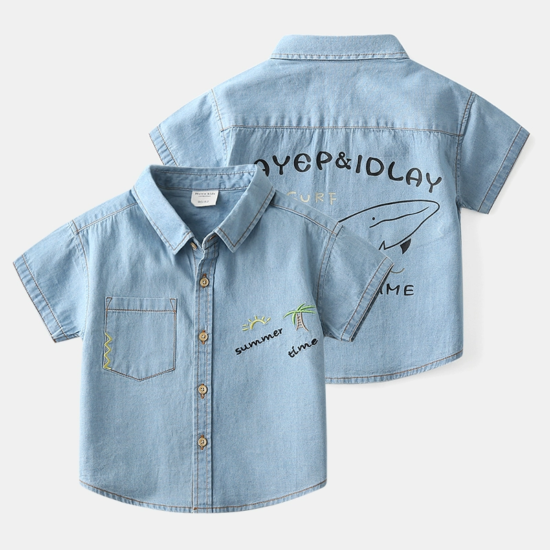 Sản phẩm mới mùa hè 2020 cho trẻ em cotton denim sơ mi ngắn tay bé trai áo sơ mi hoạt hình mùa hè quần áo trẻ em áo kiểu phương tây - Áo sơ mi