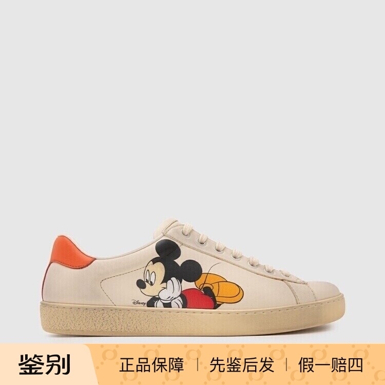 In-Stock Gucci Spring/Summer New Leather Mickey Mouse Print Lace-Up Round-Toe Men's Sports Casual Sneakers