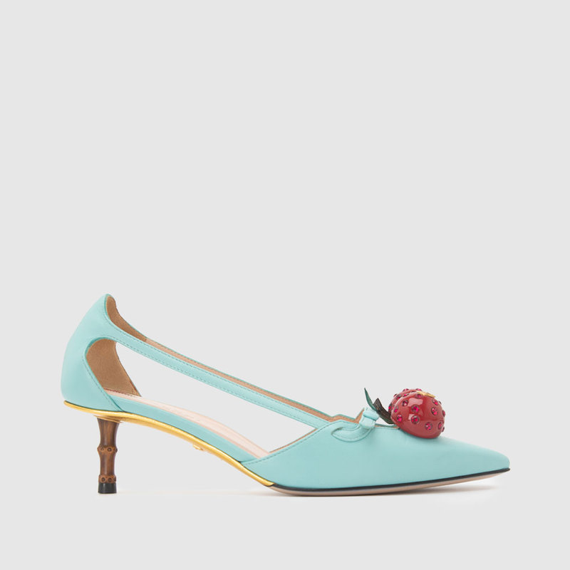 In-Stock Gucci Spring/Summer New Sheepskin Cherry-Studded Diamond-Embellished Pointed-Toe Stiletto Women's Fashion High-Heeled Sandals