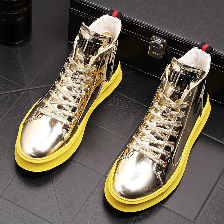 Chao brand high tube men's Korean version of men's shoes gold fashion hair stylist plus velvet martin boots patent leather short boots