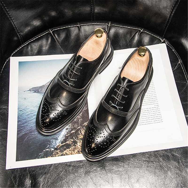 Bullock carved leather shoes men's British style black pointed toe business casual formal men's shoes Korean trend all-match