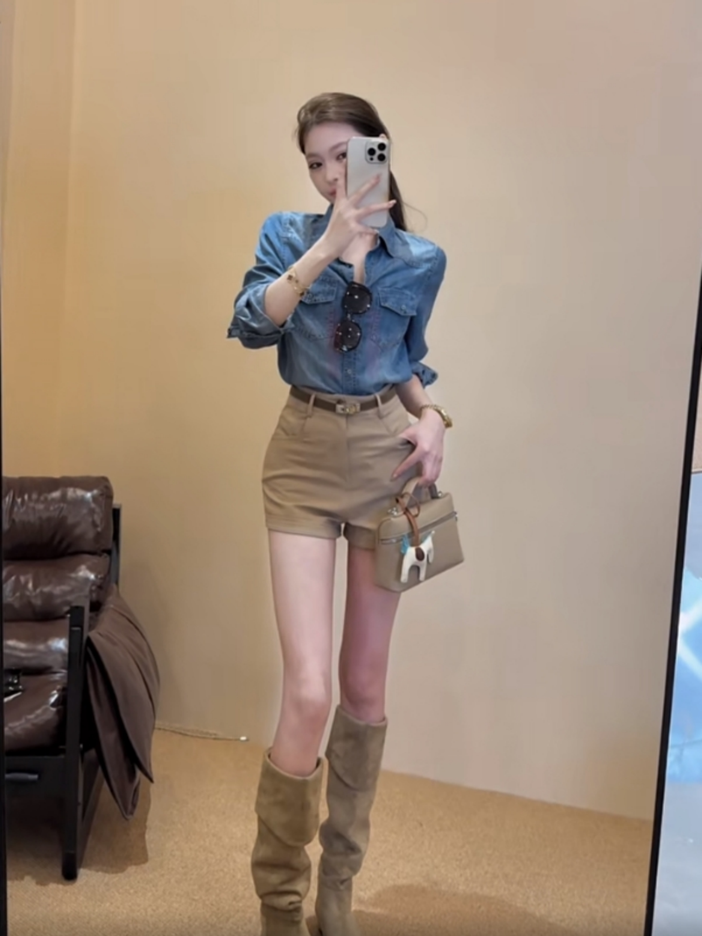 여름 아메리칸 레트로 품격 몸매 가꾸기 폴로 칼라 데님 긴팔 여성 코트 하이웨이스트 와이드 레그 팬츠 반바지 핫걸 세트 상세 이미지 2