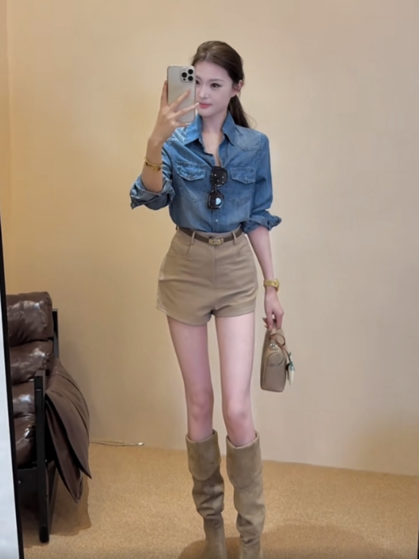 여름 아메리칸 레트로 품격 몸매 가꾸기 폴로 칼라 데님 긴팔 여성 코트 하이웨이스트 와이드 레그 팬츠 반바지 핫걸 세트 상세 이미지 5