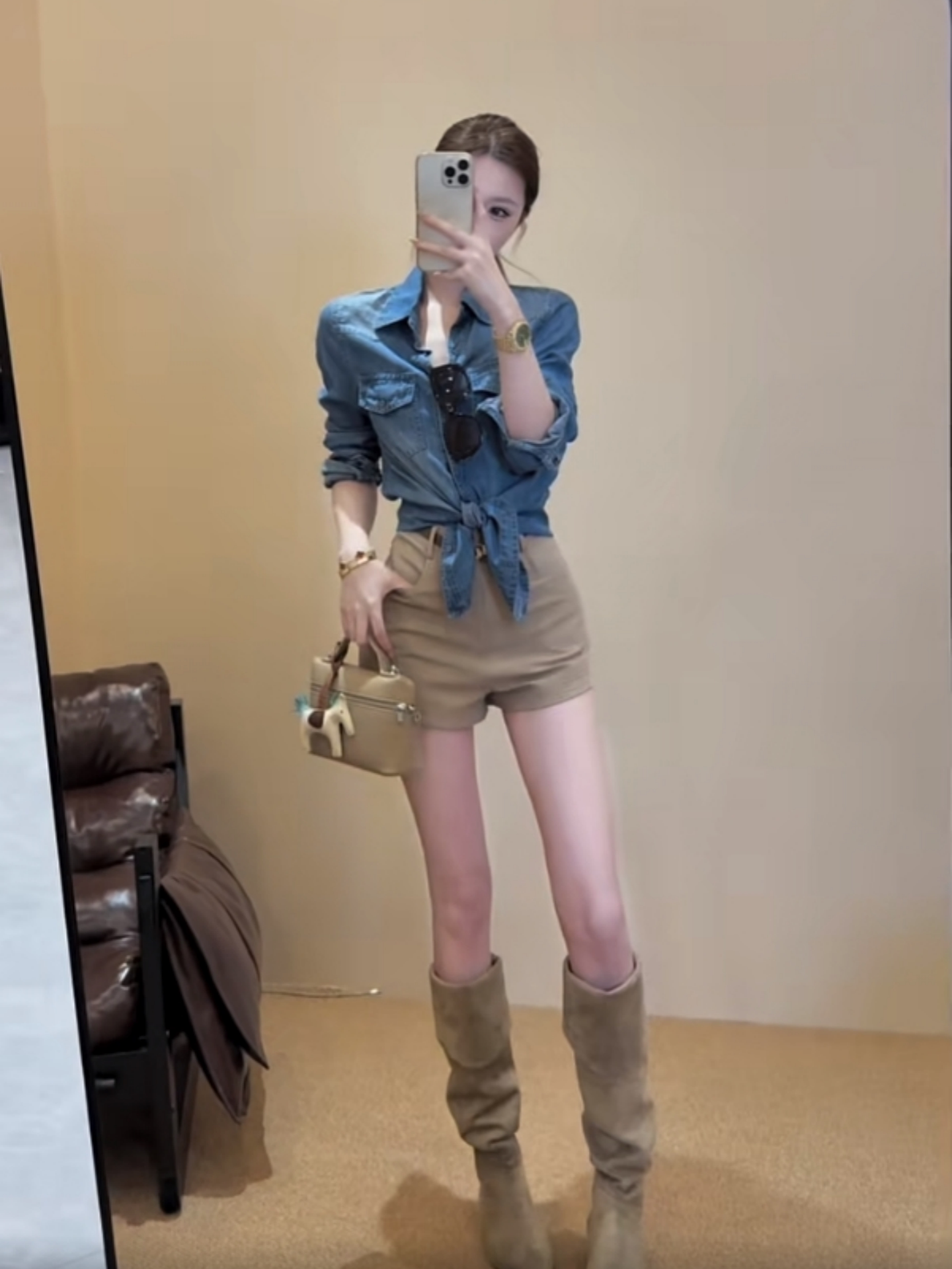 여름 아메리칸 레트로 품격 몸매 가꾸기 폴로 칼라 데님 긴팔 여성 코트 하이웨이스트 와이드 레그 팬츠 반바지 핫걸 세트 상세 이미지 3