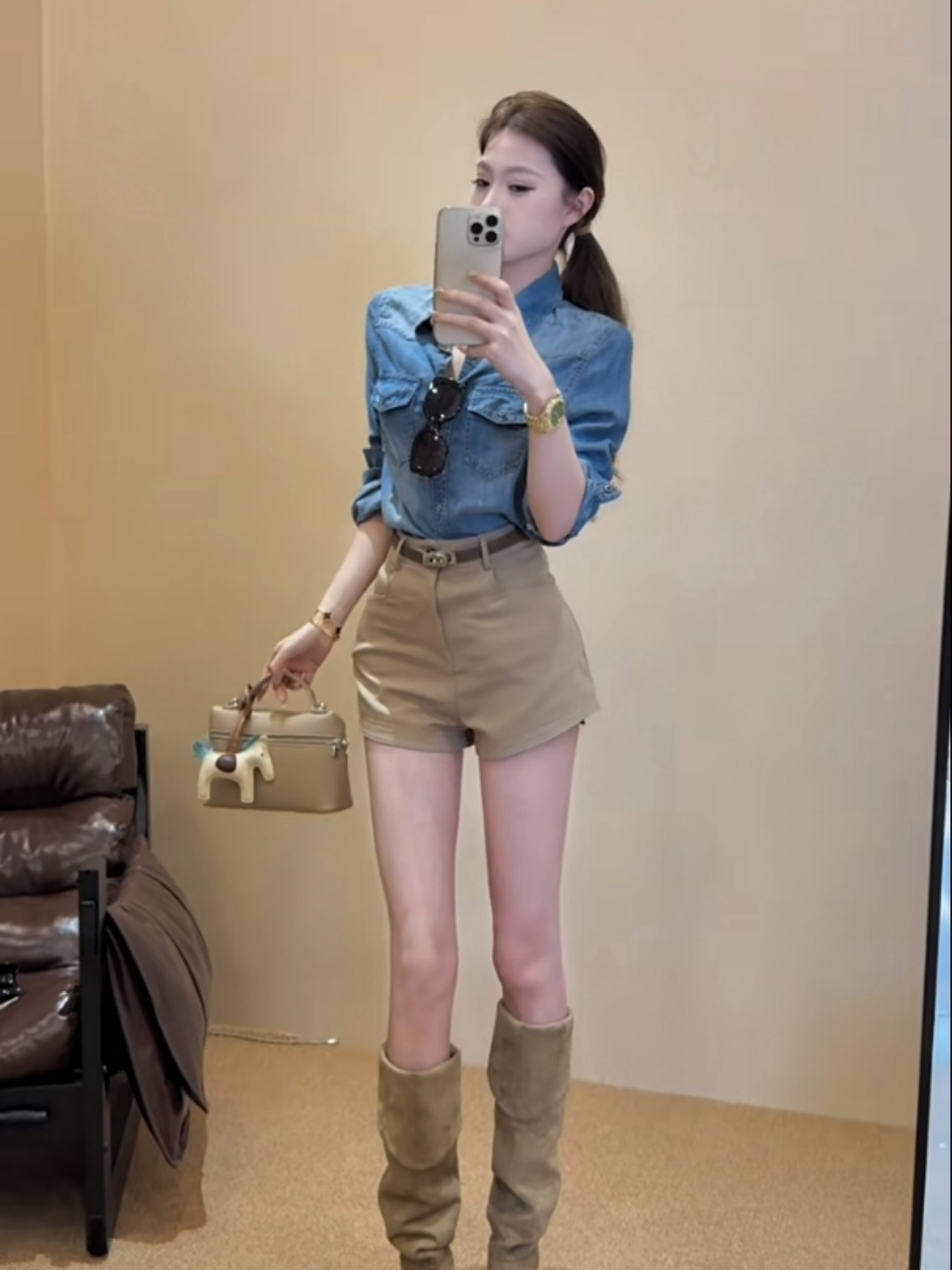 여름 아메리칸 레트로 품격 몸매 가꾸기 폴로 칼라 데님 긴팔 여성 코트 하이웨이스트 와이드 레그 팬츠 반바지 핫걸 세트 상세 이미지 6