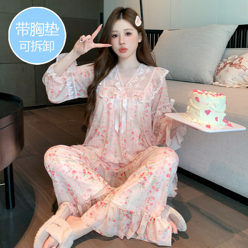 Pajamas with Breast Pads for Women, Spring and Autum Long-Sleeved Modal Mesh, Sweet Floral Palace Princess Style Home Wear Set