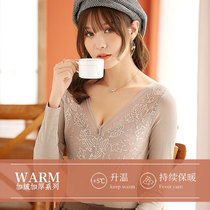  Thermal underwear womens velvet thickening heating lace V-neck autumn and winter shapewear bottoming shirt inner long-sleeved T-shirt winter