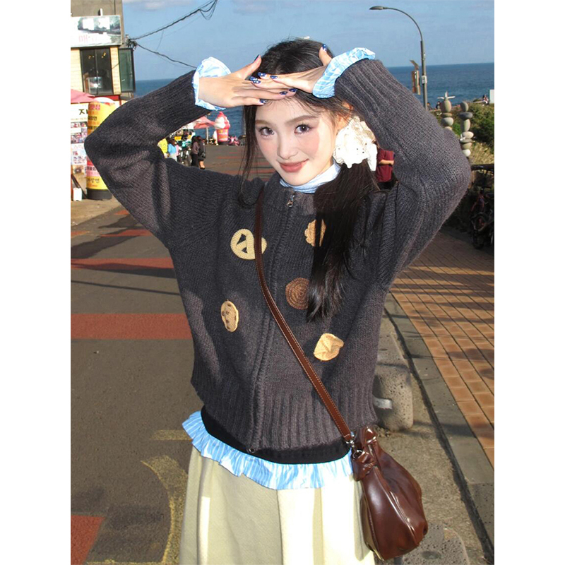 College Style Lazy Sweater Jacket for Women in Autumn and Winter, Biscuit Crochet Zipper Knitted Cardigan, Slim Fit, Sweet Short Top