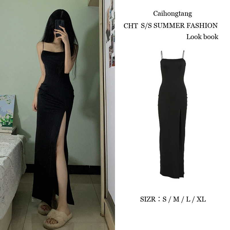 French-Style Tea Break Waist-Cinching Hip-Hugging Mid-Length Dress for Women, Summer Slim-Fit Spaghetti Strap Dress, Elegant and Sexy Slit Dress