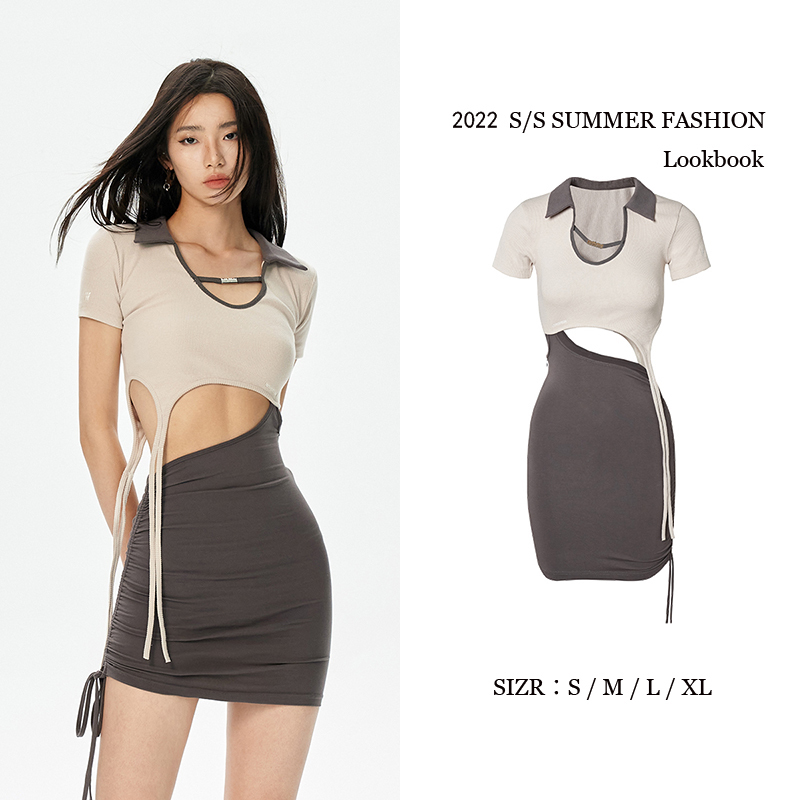Pure Desire Style Tight-Fitting Short-Sleeved Dress for Women with Drawstring, Summer Design, Niche, Sexy, Hot Girl, Waist-Revealing, Hip-Hugging Short Skirt