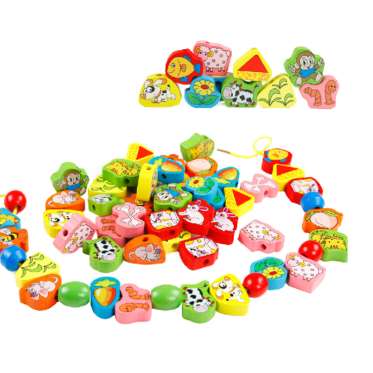 Early education teaching aids kindergarten children's wooden puzzle toy animal pairing threaded animal beads