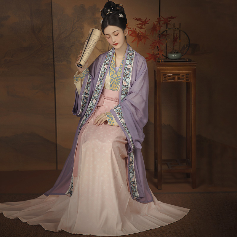 Qiyi Original Hanfu Women's Song Dynasty Three-Piece Set [Haitangluo] Waist-Length Pleated Skirt National Style Restoration Puff Sleeves Spring and Autumn