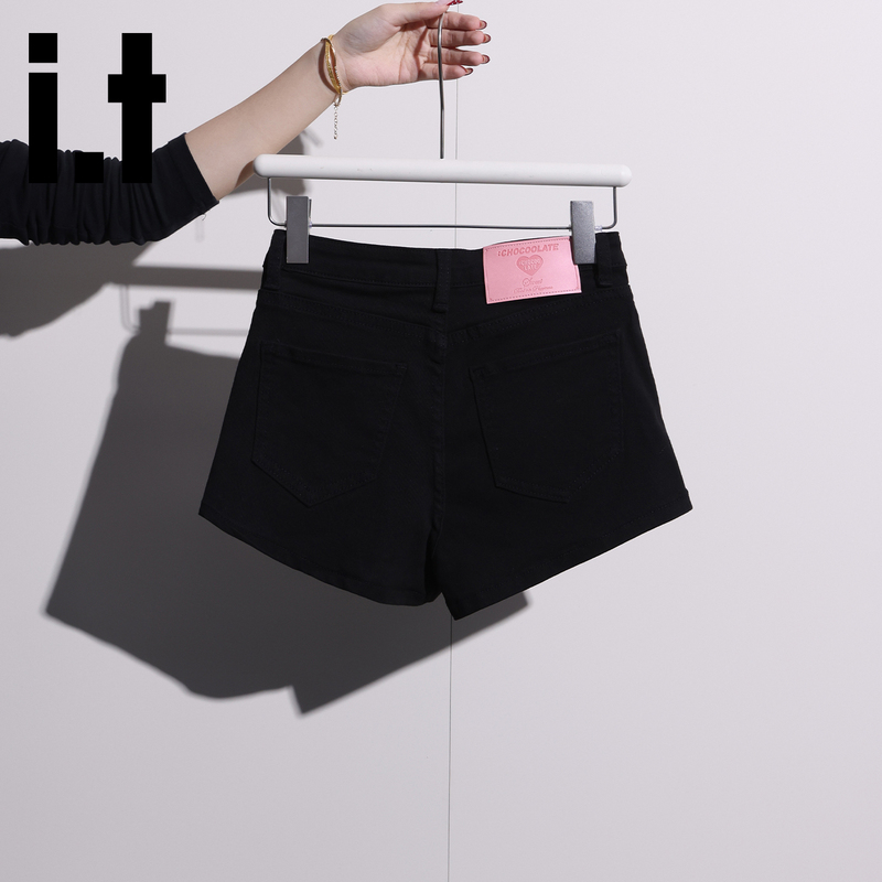 It:Chocoolate American-Style Spicy Girl Black High-Waisted Denim Shorts for Women, Versatile and Slimming A-Line Hip-Hugging Hot Pants for Summer