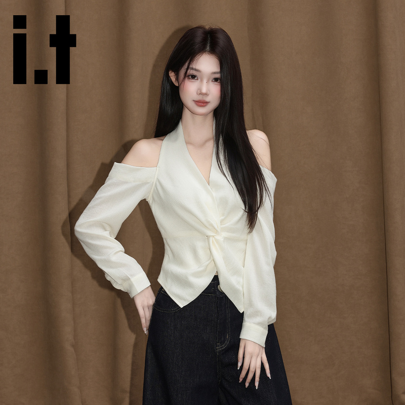 It:Chocoolate French-Style V-Neck Twist Halter Top for Women, Apricot Color, Waist-Cinching, Off-Shoulder, Long-Sleeved Top