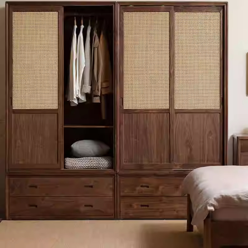 Medieval-Style Solid Wood Wardrobe, Black Walnut Wood, Rattan Sliding Door, Large Wardrobe, Sliding Door Storage Cabinet, Bedroom Storage Cabinet