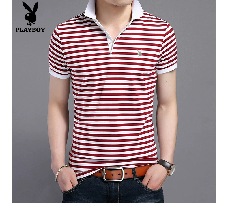 Playboy Summer Mới Áo thun nam ngắn tay Hàn Quốc Thanh niên Lapel Stripe Slim Cotton Casual áo thun polo nam