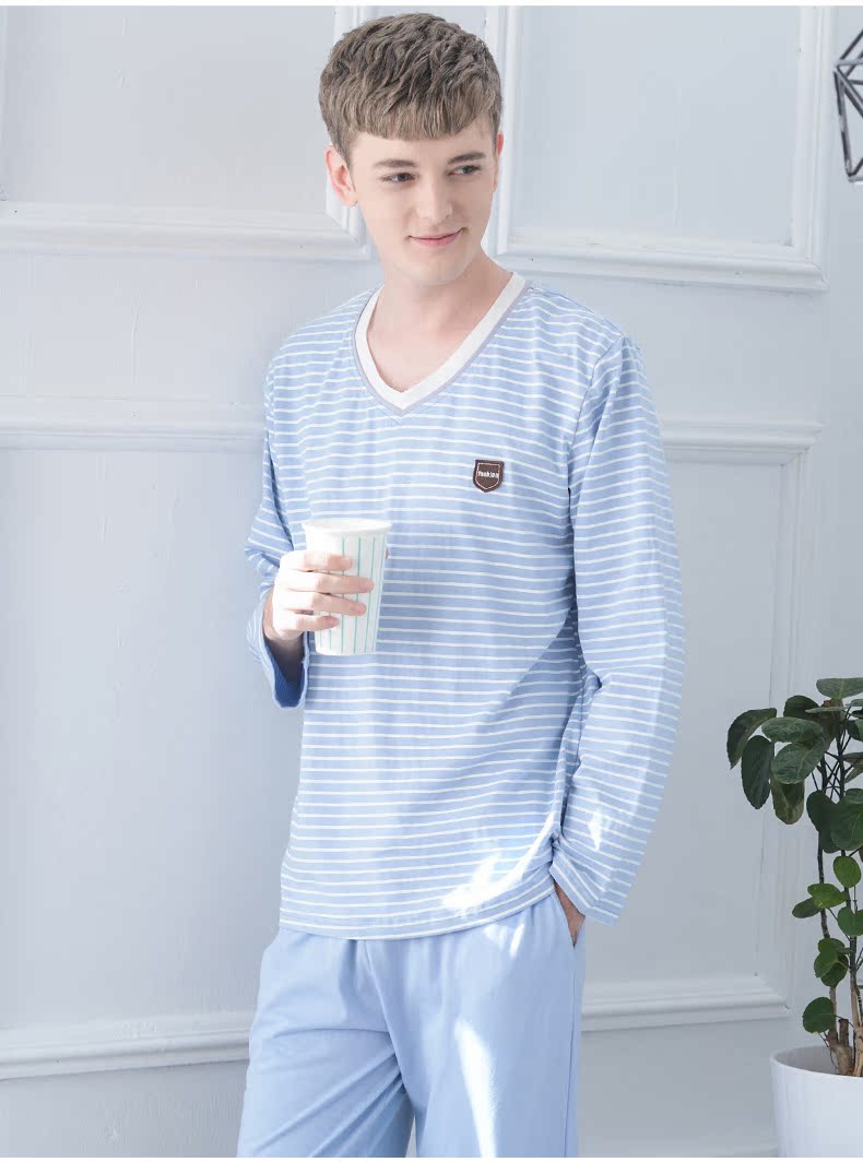 Bộ đồ ngủ nam cotton dài tay mùa xuân và mùa thu phiên bản Hàn Quốc của đầu sọc XL có thể mặc bên ngoài dịch vụ cotton mùa đông tại nhà - Cha mẹ và con bộ mặc nhà cho cả gia đình
