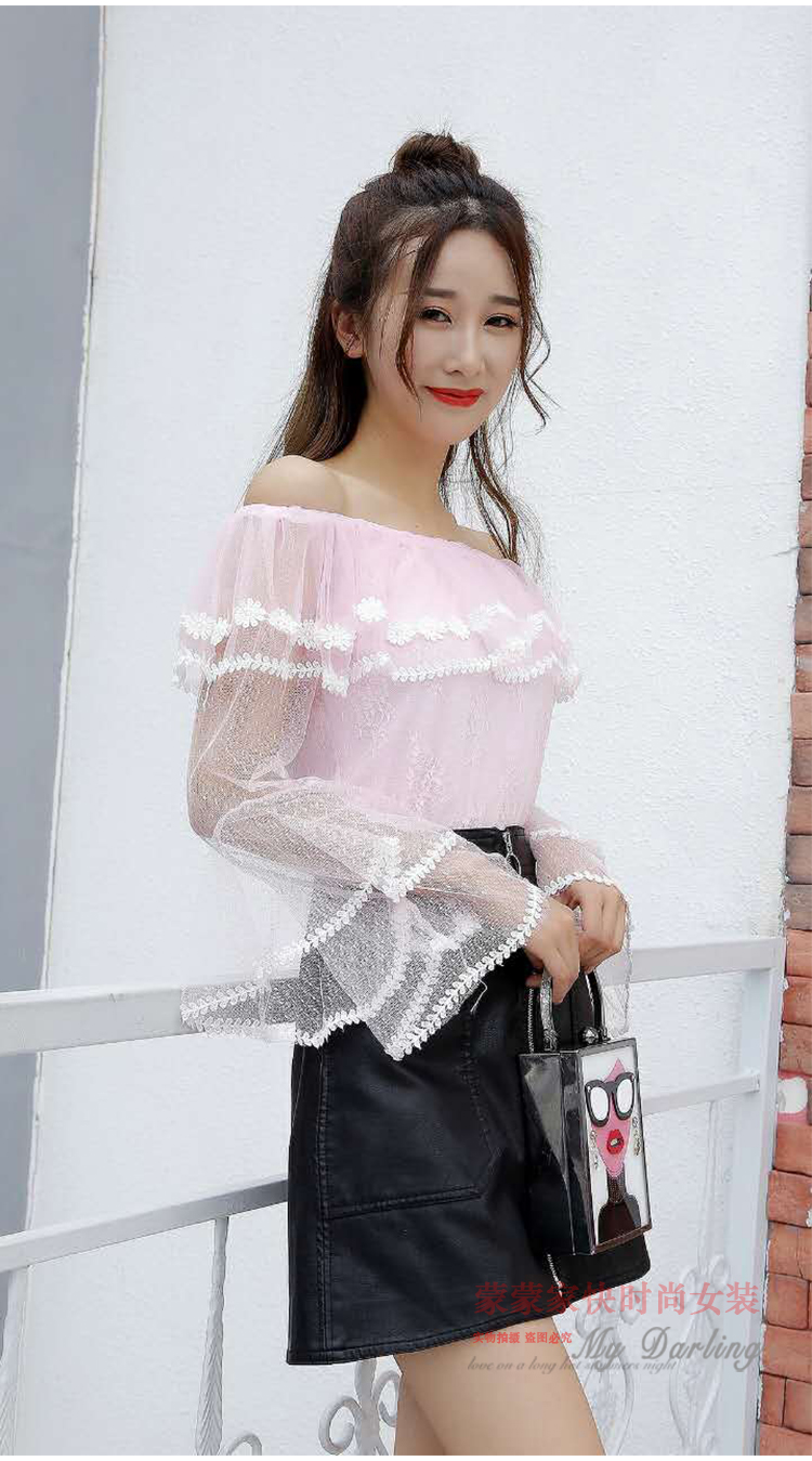 2018 đầu mùa thu mới siêu cổ tích mỏng ngọt ngào Nhật Bản voan áo sơ mi nữ xù dài tay trumpet tay áo ren hàng đầu áo sơ mi tay phồng