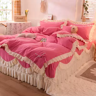 ins Net red princess style bed 4 four-piece bed skirt pink cotton cotton cotton bed cover cover lace women