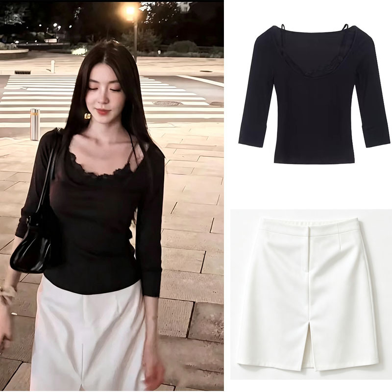 Xu Lvyangliu's Same Style Niche Patchwork Lace Round-Neck Slim-Fit Elegant Top, Early Autumn 2026 Fake Two-Piece Inner Wear