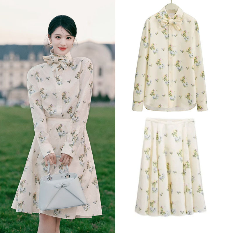 Paris Wang Churan's Same Style Niche French Floral Print Bow Loose Slimming Shirt with Versatile Skirt