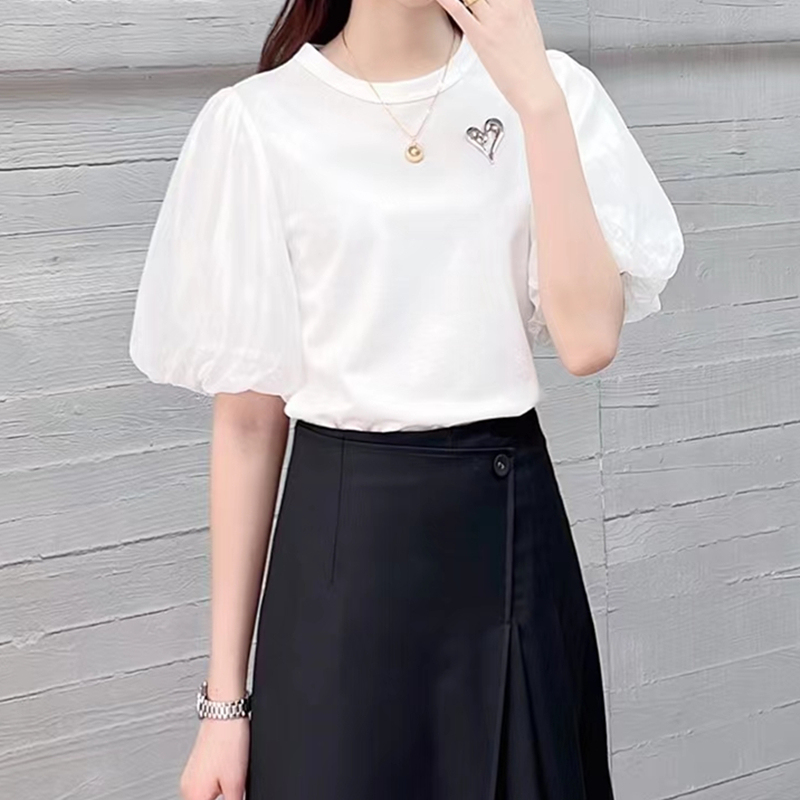 Same Style as in the Mall, 2026 Summer New Fashion Heart-Shaped Loose Top, Versatile Puff Sleeve Short-Sleeve T-Shirt, White Mid-Sleeve
