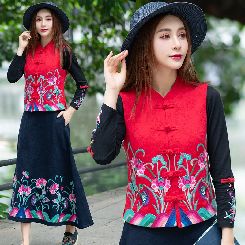 Mùa xuân và mùa thu mới retro phụ nữ dân tộc phong cách Trung Hoa thêu jacquard cộng với kích thước áo khoác vest - Áo vest