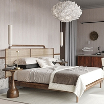 B&B hotel ash wood wedding bed home Nordic rattan bed retro solid wood bed wabi-sabi style 1 8m double bed