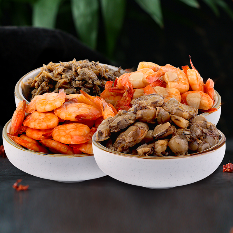 Precious little seafood tasting of four types of seafood ready-to-eat seafood snacks Dalian special products Spicy Shrimp Meat and Clam Meat