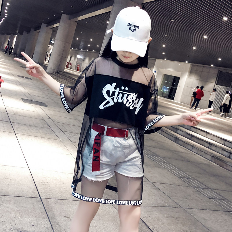 Girls jazz dance summer short-sleeved top Korean version of the tide big children's mesh stitching Western style stage catwalk performance clothing