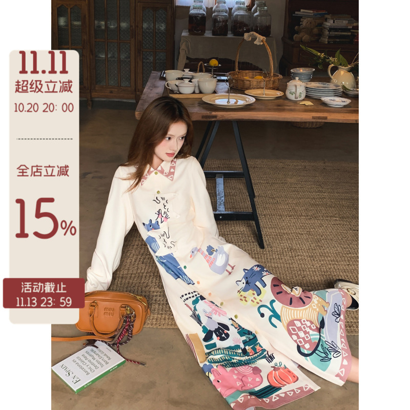 Gula Liangpin Loose Straight-Leg Printed Shirt Dress Long Skirt French Retro Age-Reducing Height-Enhancing Slimming Playful Dress Gula Liangpin Loose Straight-Leg Printed Shirt Dress Long Skirt French Retro Age-Reducing Height-Enhancing Slimming Playful Dress