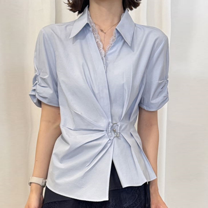 French-Style Lace Patchwork Shirt for Women, Summer 2026, Asymmetrical Turn-Down Collar, High-End Commuter Style Shirt