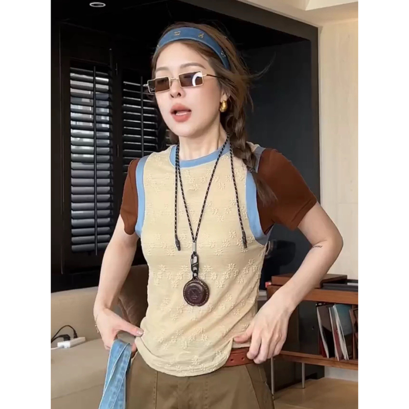 6.8/“Casual Summer” Bohemian Style Color-Blocking Textured Jacquard Soft Layered Fake Two-Piece Short-Sleeve T-Shirt