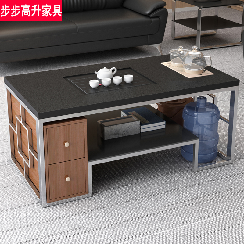 Fire burnt stone kung fu coffee table simple modern stainless steel marble bubble tea table office kung fu tea table with magnetic stove
