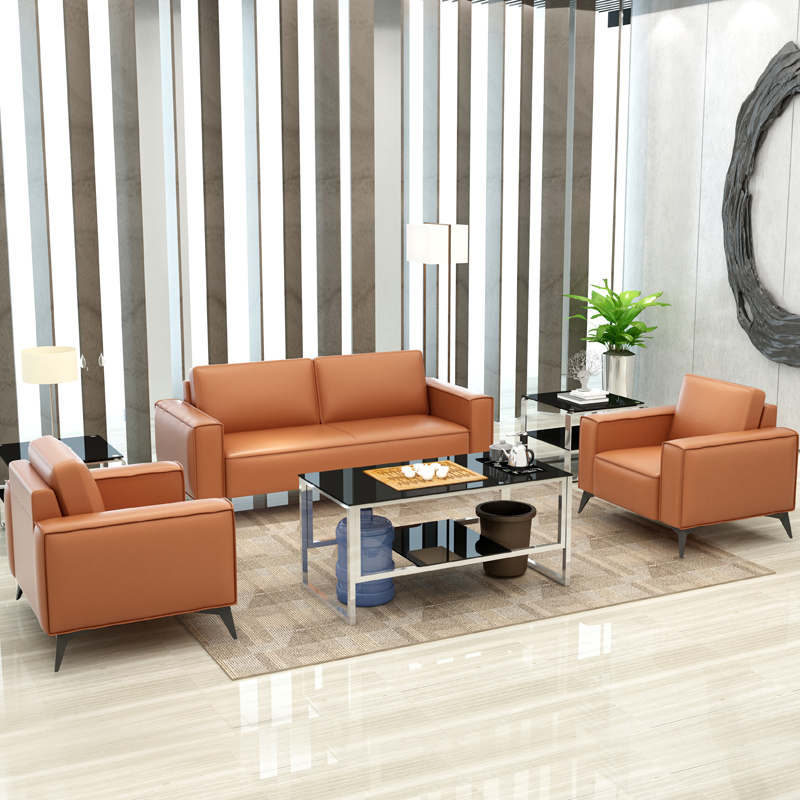 Office Sofa Brief Modern Trio Place Tofu Block Sofa Office Real Leather Sofa Tea Table Composition Suit